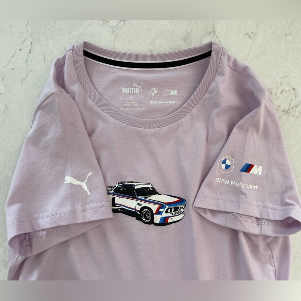 BMW Motorsport x Puma Lilac Short Sleeve Tee with Car Graphic, Size Large, NWOT